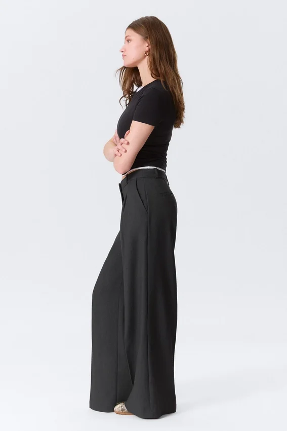Pantalones de traje de cintura alta y pierna ancha – Gris oscuro jaspeado Pantalones de traje de cintura alta y pierna ancha – Gris oscuro jaspeado