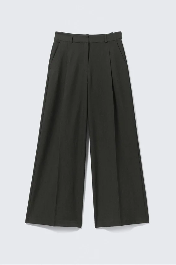 Pantalones de traje de cintura alta y pierna ancha – Gris oscuro jaspeado Pantalones de traje de cintura alta y pierna ancha – Gris oscuro jaspeado