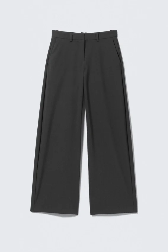 Pantalones de traje de corte holgado y cintura baja – Gris oscuro jaspeado Pantalones de traje de corte holgado y cintura baja – Gris oscuro jaspeado