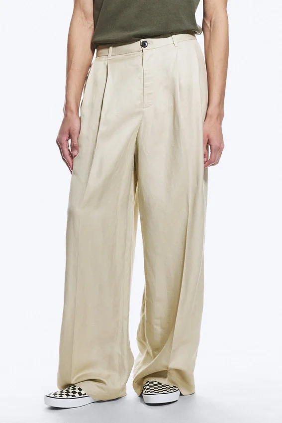 Pantalones de traje holgados de mezcla de lino Nate – Beige claro apagado Pantalones de traje holgados de mezcla de lino Nate – Beige claro apagado