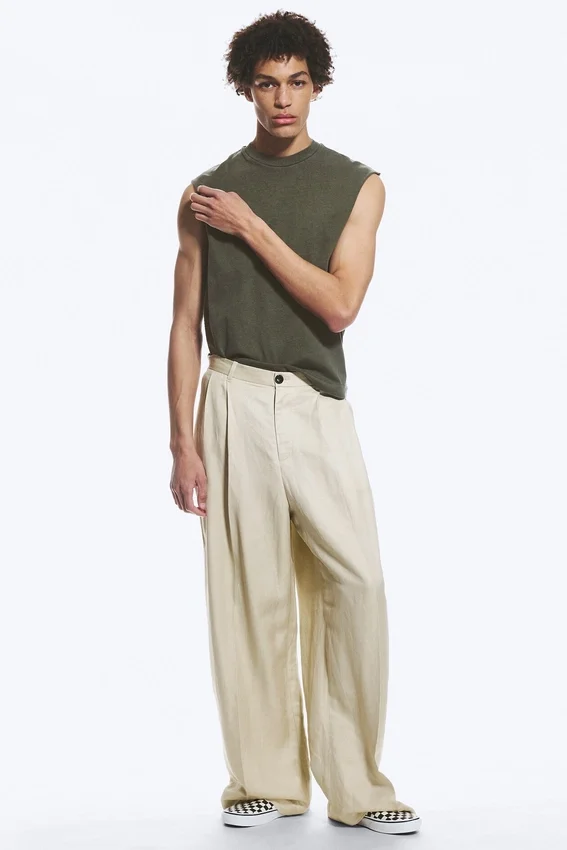 Pantalones de traje holgados de mezcla de lino Nate – Beige claro apagado Pantalones de traje holgados de mezcla de lino Nate – Beige claro apagado