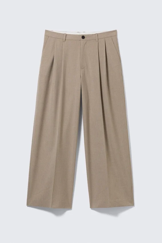 Pantalones de traje plisados de corte holgado Nate – Beige jaspeado a rayas Pantalones de traje plisados de corte holgado Nate – Beige jaspeado a rayas