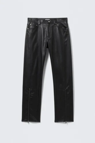 Pantalones holgados de imitación de piel con cremallera en el bajo – Negro