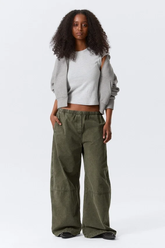 Pantalones holgados de lona lavada de talle bajo – Verde caqui oscuro lavado Pantalones holgados de lona lavada de talle bajo – Verde caqui oscuro lavado