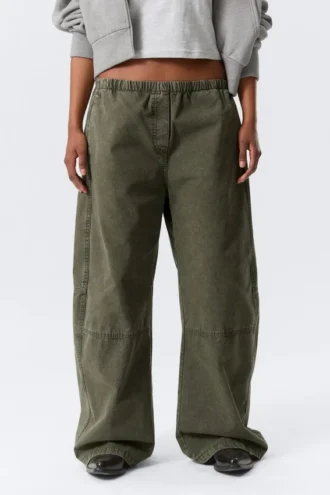 Pantalones holgados de lona lavada de talle bajo – Verde caqui oscuro lavado