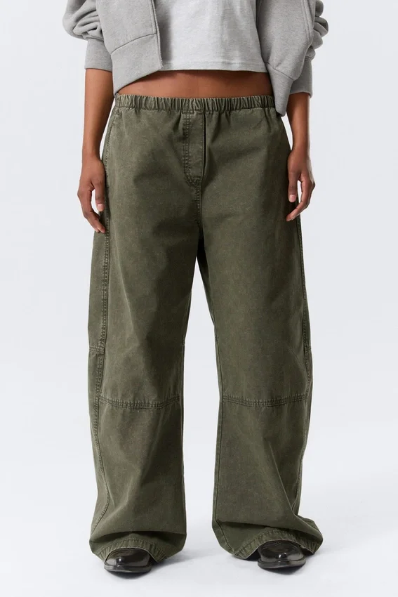 Pantalones holgados de lona lavada de talle bajo – Verde caqui oscuro lavado Pantalones holgados de lona lavada de talle bajo – Verde caqui oscuro lavado
