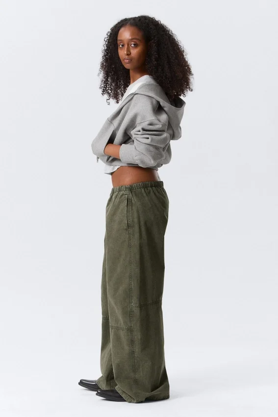 Pantalones holgados de lona lavada de talle bajo – Verde caqui oscuro lavado Pantalones holgados de lona lavada de talle bajo – Verde caqui oscuro lavado