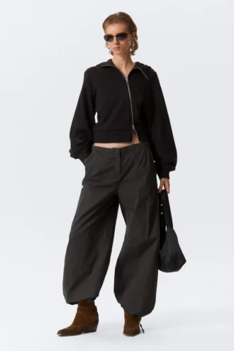 Pantalones holgados de talle bajo con tejido ripstop – Gris oscuro