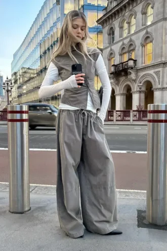 Pantalones holgados de talle bajo sin cremallera – Gris