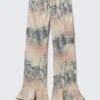 Pantalones holgados de talle medio con volantes – Beige – Estampado de piel de serpiente Pantalones holgados de talle medio con volantes – Beige – Estampado de piel de serpiente