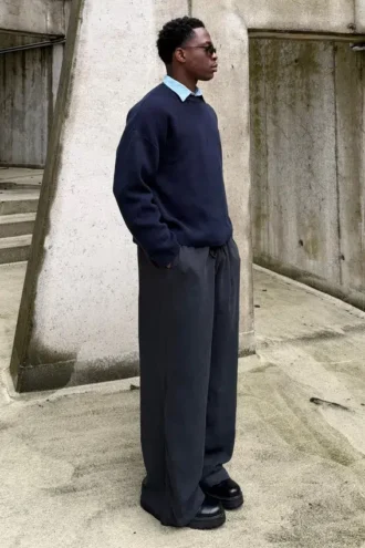 Pantalones rectos de corte holgado de mezcla de lino Adler – Negro
