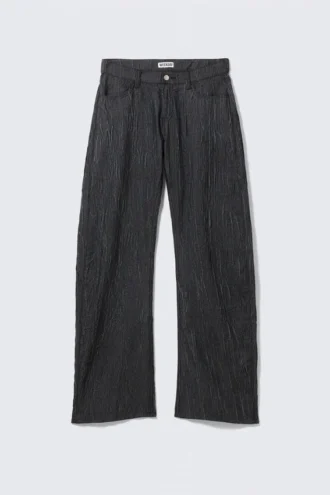 Pantalones tipo capullo de talle bajo y tejido arrugado – Azul oscuro