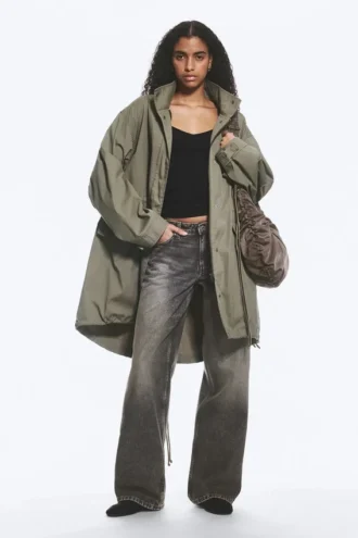Parka oversize de lona con cuello de embudo – Verde caqui
