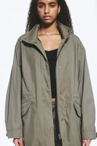 Parka oversize de lona con cuello de embudo – Verde caqui