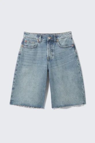 Peggy: pantalones cortos vaqueros de cintura baja, corte holgado y pernera ancha – Azul medio – Azul medio