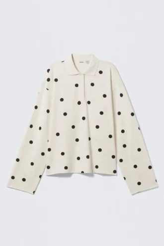 Polo de algodón de manga larga – Blanco – Lunares negros