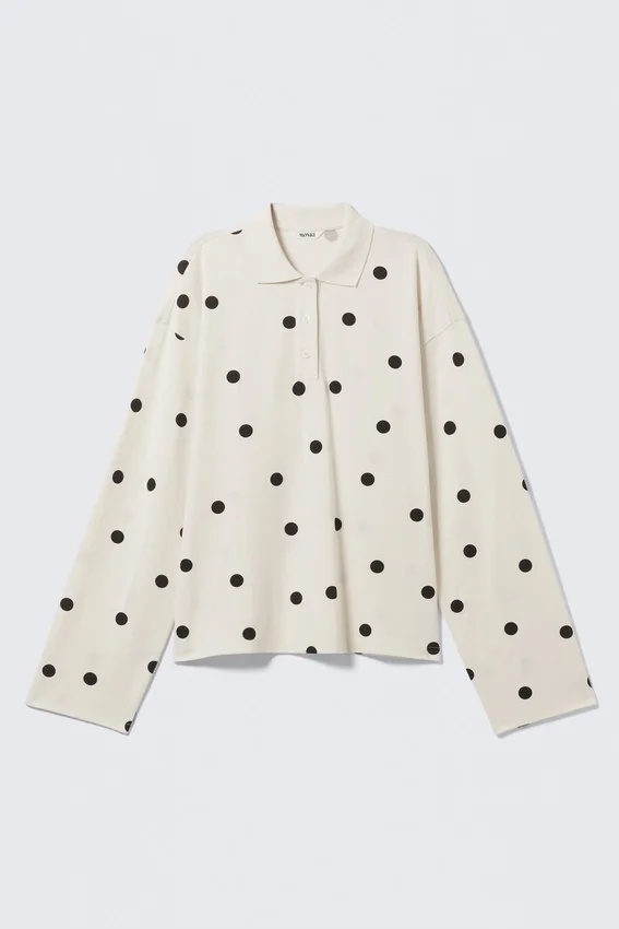 Polo de algodón de manga larga – Blanco – Lunares negros Polo de algodón de manga larga – Blanco – Lunares negros