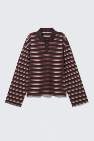 Polo de algodón de manga larga – Ciruela oscuro – Rayas rosas