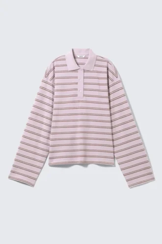 Polo de algodón de manga larga – Rayas lila empolvado