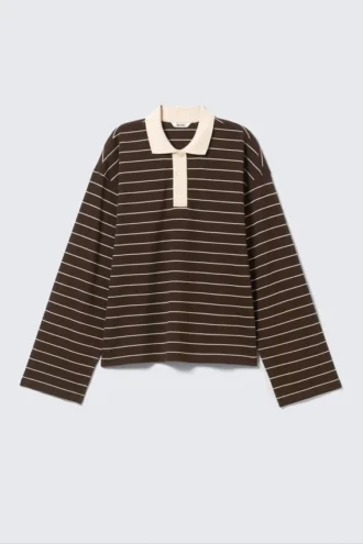 Polo de algodón de manga larga – Rayas marrón oscuro