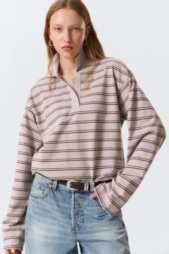 Polo de algodón de manga larga – Rayas rosa claro