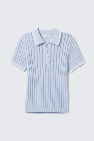 Polo de algodón de punto de pantalones cortos – Azul claro – Rayas blancas