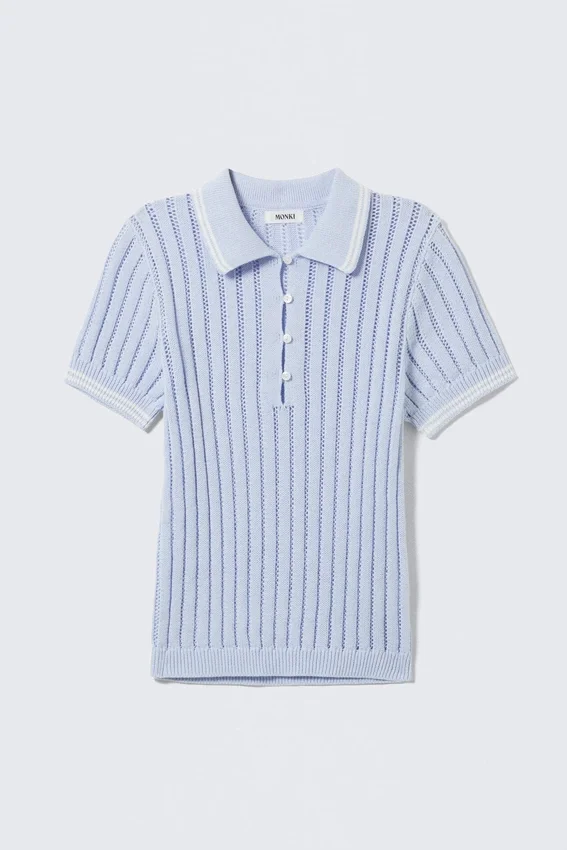Polo de algodón de punto de pantalones cortos – Azul claro – Rayas blancas Polo de algodón de punto de pantalones cortos – Azul claro – Rayas blancas