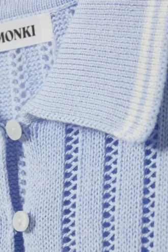 Polo de algodón de punto de pantalones cortos – Azul claro – Rayas blancas