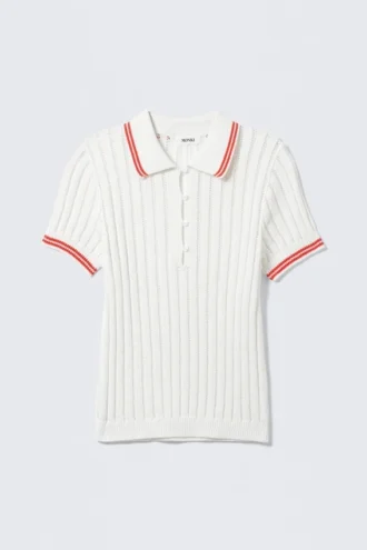 Polo de algodón de punto de pantalones cortos – Blanco – Rayas rojas