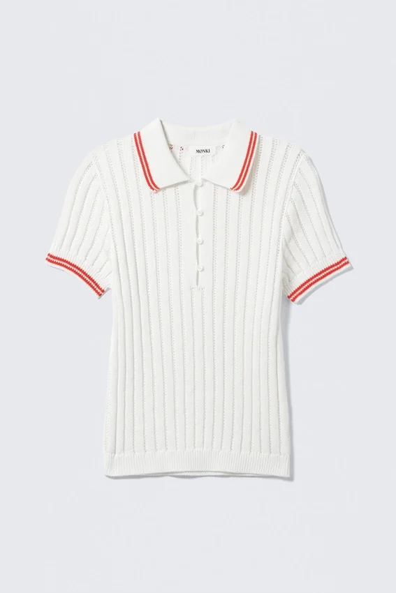 Polo de algodón de punto de pantalones cortos – Blanco – Rayas rojas Polo de algodón de punto de pantalones cortos – Blanco – Rayas rojas