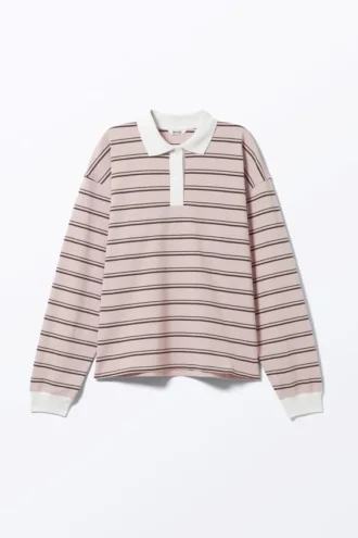 Polo de rugby de manga larga – Rosa claro – Rayas marrones