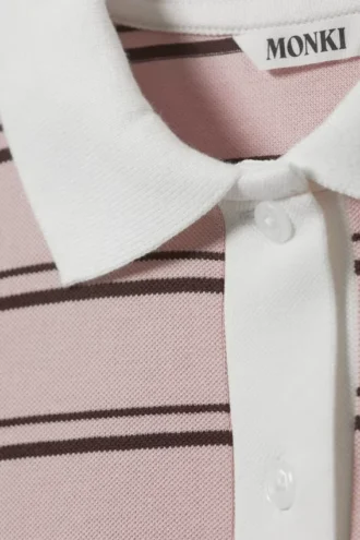 Polo de rugby de manga larga – Rosa claro – Rayas marrones