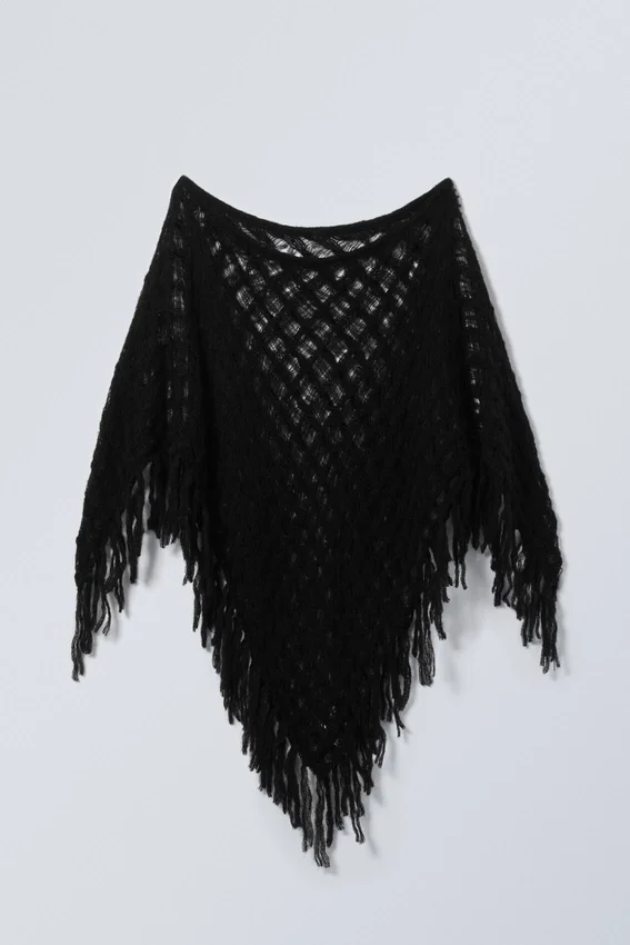 Poncho de punto de mezcla de lana – Negro Poncho de punto de mezcla de lana – Negro
