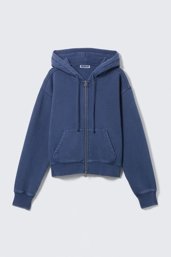 Sudadera con capucha ajustada y cremallera – Azul oscuro lavado Sudadera con capucha ajustada y cremallera – Azul oscuro lavado
