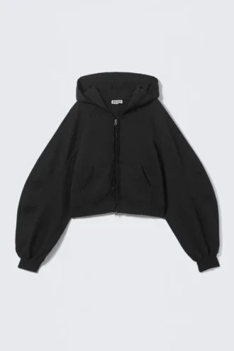 Sudadera con capucha, cremallera, corte oversize y deshilachados – Negro