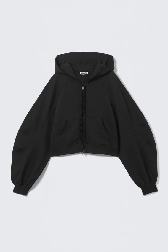 Sudadera con capucha, cremallera, corte oversize y deshilachados – Negro Sudadera con capucha, cremallera, corte oversize y deshilachados – Negro