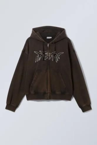 Sudadera con capucha, cremallera y bordado, corte recto – Marrón oscuro lavado – Dream