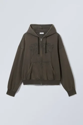 Sudadera con capucha, cremallera y bordado de corte recto – Gris oscuro