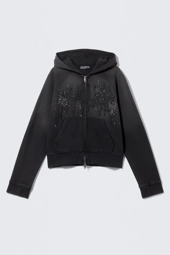 Sudadera con capucha, cremallera y estampados con tachuelas, corte entallado – Negro lavado con tachuelas Sudadera con capucha, cremallera y estampados con tachuelas, corte entallado – Negro lavado con tachuelas