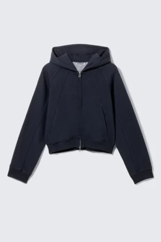 Sudadera con capucha, cremallera y mangas raglán – Azul oscuro