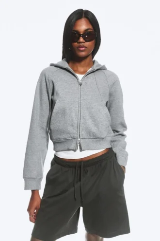 Sudadera con capucha, cremallera y mangas raglán – Gris jaspeado