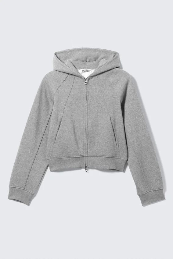 Sudadera con capucha, cremallera y mangas raglán – Gris jaspeado Sudadera con capucha, cremallera y mangas raglán – Gris jaspeado