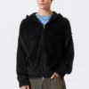 Sudadera con capucha, cremallera y tejido de punto peludo de corte recto – Negro Sudadera con capucha, cremallera y tejido de punto peludo de corte recto – Negro