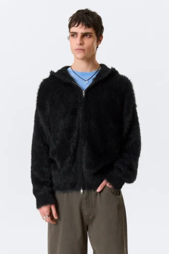 Sudadera con capucha, cremallera y tejido de punto peludo de corte recto – Negro