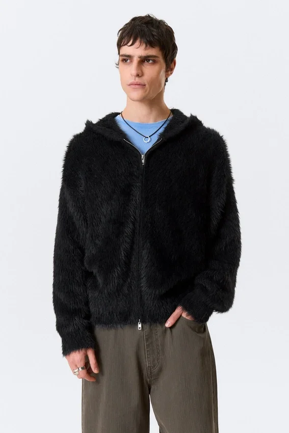 Sudadera con capucha, cremallera y tejido de punto peludo de corte recto – Negro Sudadera con capucha, cremallera y tejido de punto peludo de corte recto – Negro