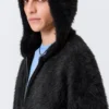 Sudadera con capucha, cremallera y tejido de punto peludo de corte recto – Negro Sudadera con capucha, cremallera y tejido de punto peludo de corte recto – Negro
