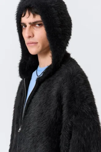 Sudadera con capucha, cremallera y tejido de punto peludo de corte recto – Negro