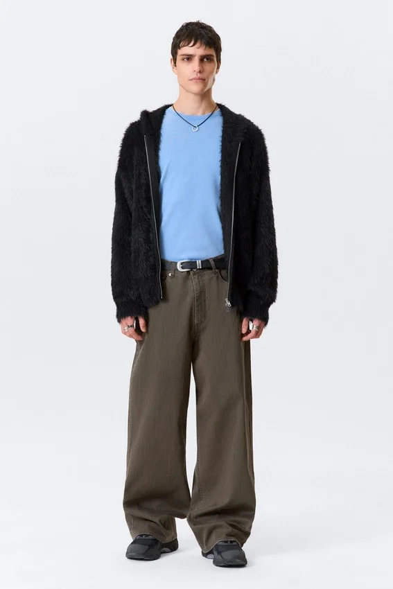 Sudadera con capucha, cremallera y tejido de punto peludo de corte recto – Negro Sudadera con capucha, cremallera y tejido de punto peludo de corte recto – Negro