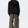 Sudadera con capucha, cremallera y tejido de punto peludo de corte recto – Negro Sudadera con capucha, cremallera y tejido de punto peludo de corte recto – Negro