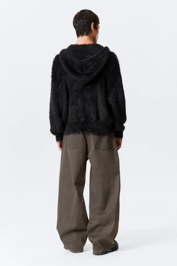 Sudadera con capucha, cremallera y tejido de punto peludo de corte recto – Negro Sudadera con capucha, cremallera y tejido de punto peludo de corte recto – Negro